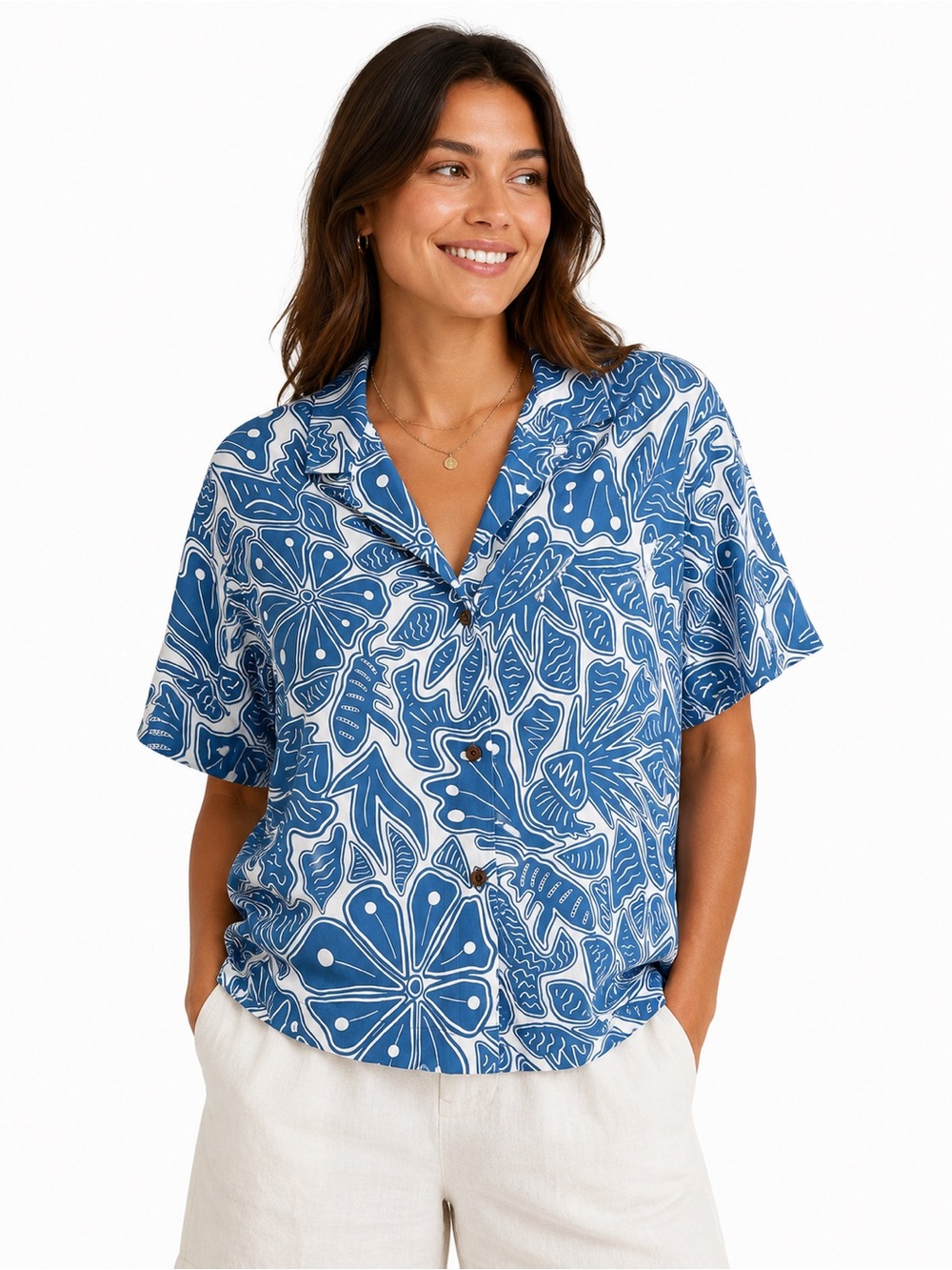 Patagonia Tidal Threads Shirt Bees & Flowers Still Blue Lyocell Large